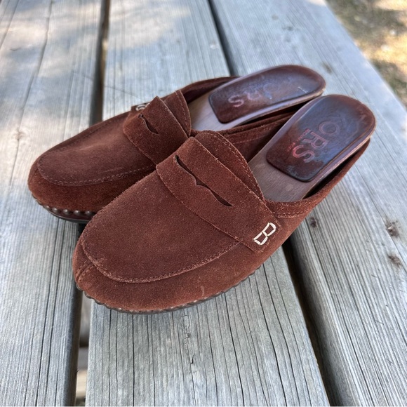 Women’s Brown Clogs / Mule Shoes Size 7 Suede Studded Wood Heels Made in Italy - Picture 12 of 12